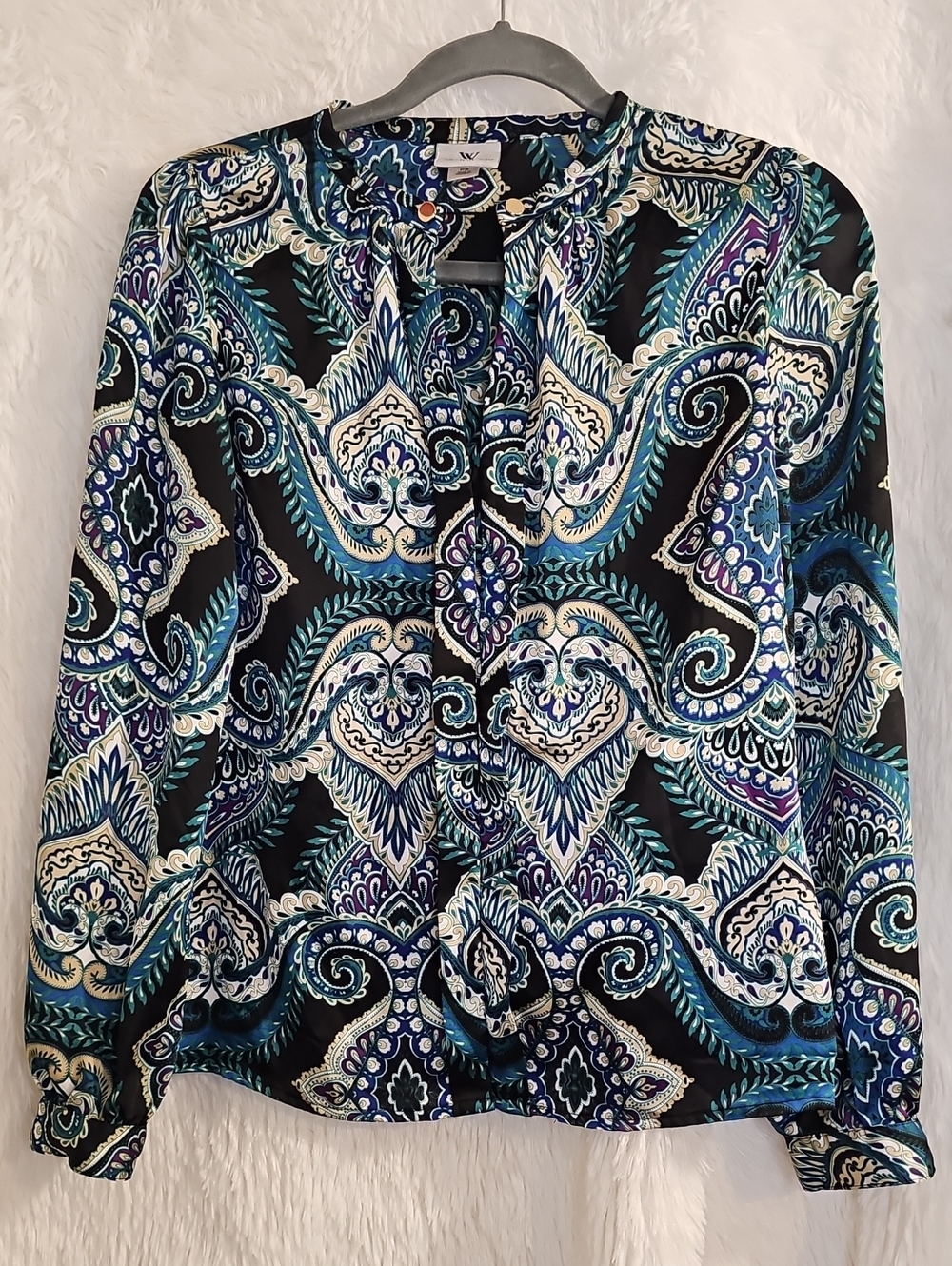 Worthington Black, Blue & Cream Paisley Tie-Neck Blouse